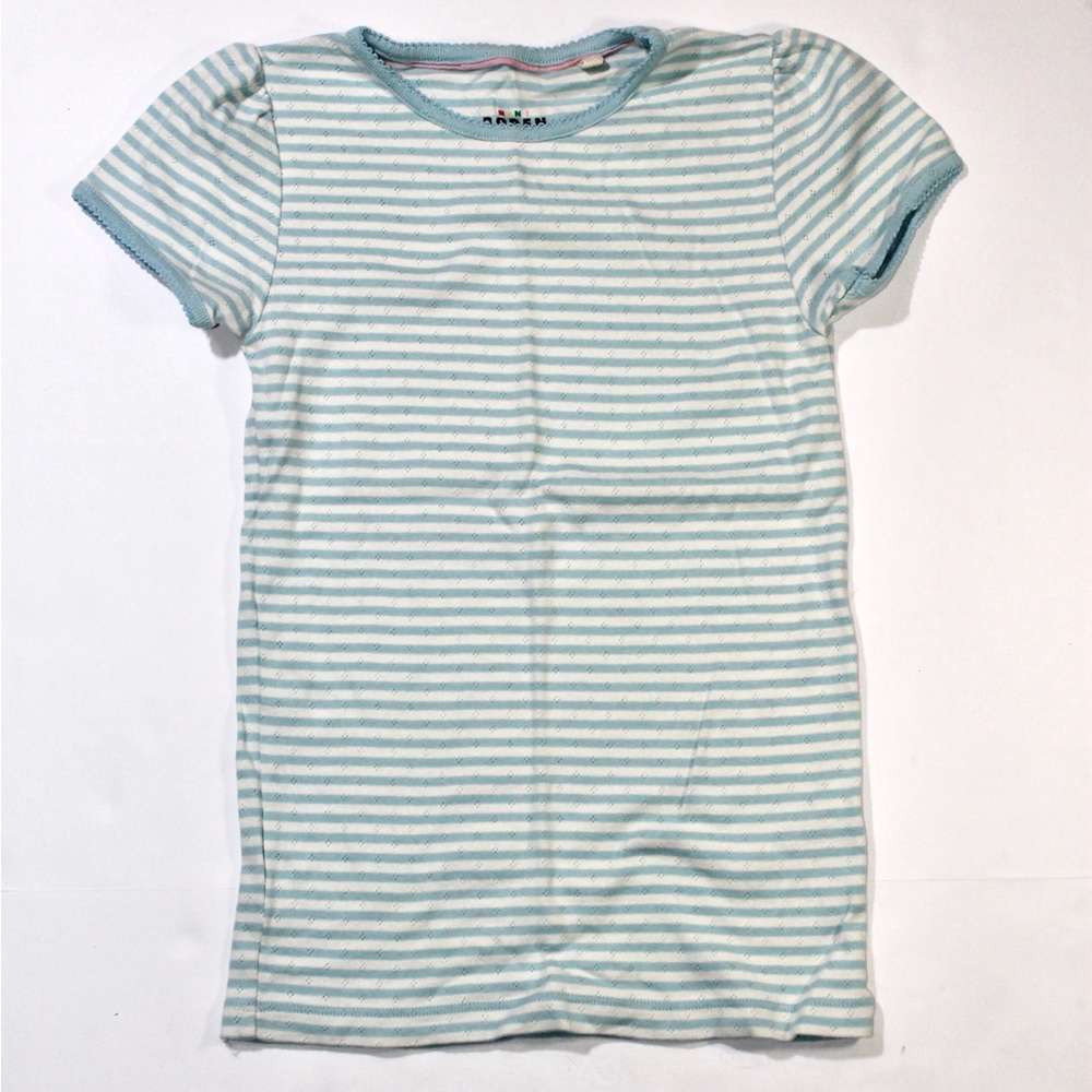 Mini Boden Girls Pointelle Striped Short-Sleeve Tee in Light Blue and White